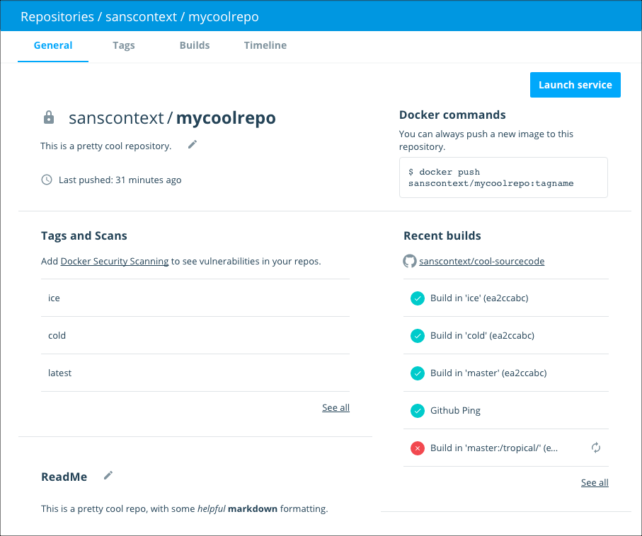 a Docker Cloud repository's General view